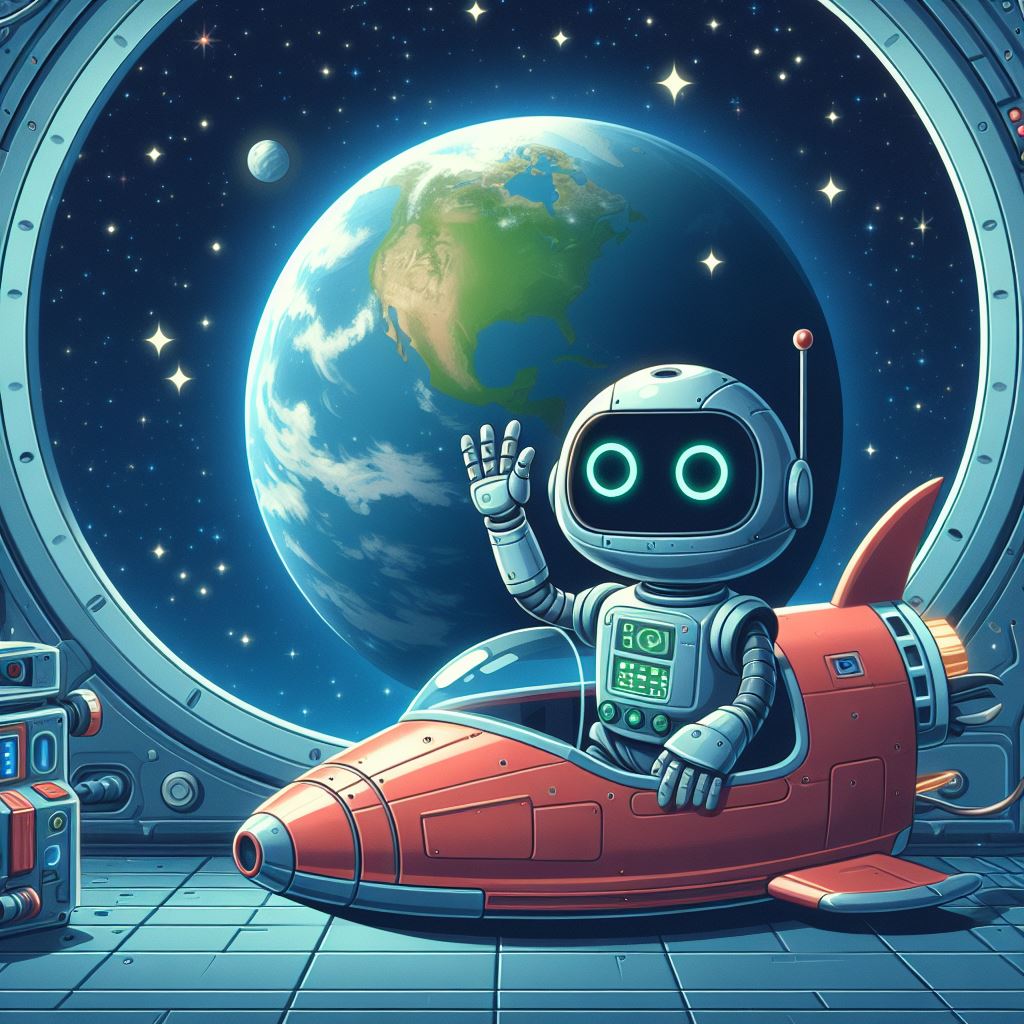 Image of a robot on a space ship waving hello with the Earth in space showing through a window in the background
