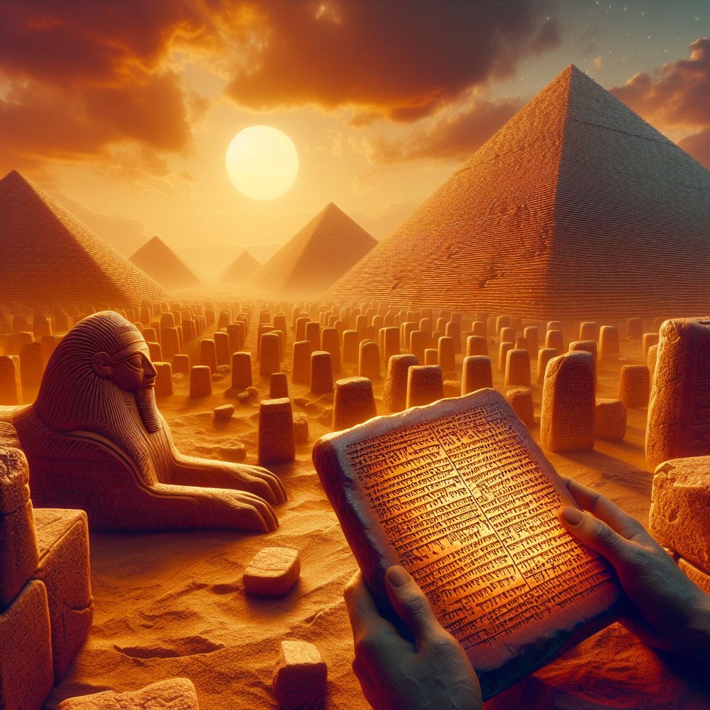 Image of a Sumerian holding a cuneiform tablet with pyramids in the background